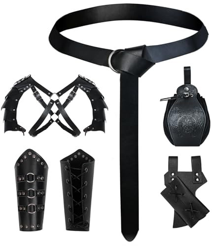 MVFEUIJ Halloween Mittelalter GüRtel Anzug, Wikinger Kleidung ZubehöR, Mittelalter Ritter Zubehör, Kostüm Zubehör 5 Set für Cosplay, Zauberer, Maskerade, Halloween (Schwarz)