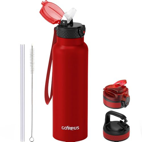 GOPPUS 750ml/26oz Stainless Water Bottle with Straw Double Wall Insulated Bottles with Strap Reusable Vacuum Thermal Flask Leakproof Keep Cold Drinks Bottles with Flip Top Lid for Men Women BPA Free