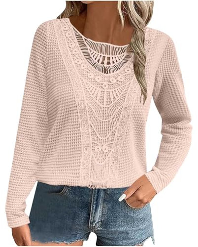 Women's Long Sleeve Tops UK Clearance Elegant Dressy Tunic Tops Waffle Tshirts Plain Loose Casual Sweatshirt for Women UK Crewneck Pullover Tops Lace Blouse Ladies Work Officce Tee Shirts