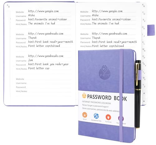 Deepton Passwort Buch, Passwortbuch mit Register A-Z, Password Book mit Adressbuch, Notizbuch mit Register, Passwortbuch mit Innentasche, Telefonbuch mit Register, Passwort Manager - Lila