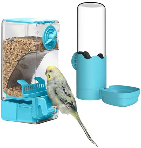 Automatischer Vogelfutterspender Wasserspender Set, Vogelkäfig-Futterspender mit Sitzstange für Wellensittiche, Sittiche, Kanarienvögel, Nymphensittiche, Finken (Blau)