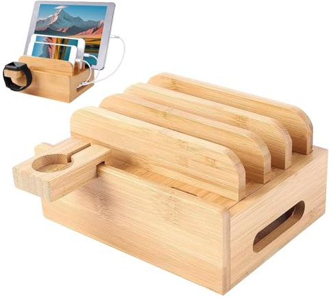 Multi-Device Charging Station Wood, Bedside Phone and Tablet Storage Box Organizer, Wooden Docking Station for Smartphones, Efficient Device Charger for Desk, Office Use