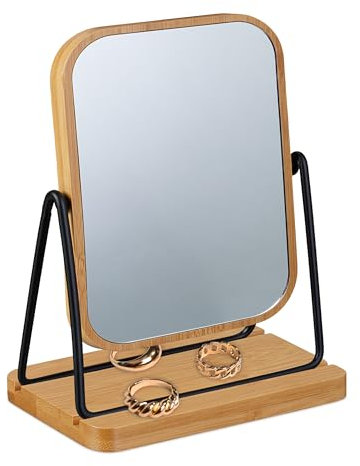 Relaxdays Tischspiegel, 360° drehbar, Spiegel HxB: 18 x 12 cm, Bambusrahmen, Metallständer, Schminktisch, natur/schwarz