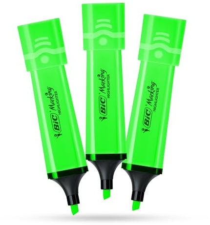 BIC Marking Highlighter Flach Textmarker Marker 3 Stück Kunststoff Textmarker mit fluoreszierender grüner Neontinte Textmarker für glatte Noten, präzise Highlighter, ideal für Schule und Büro