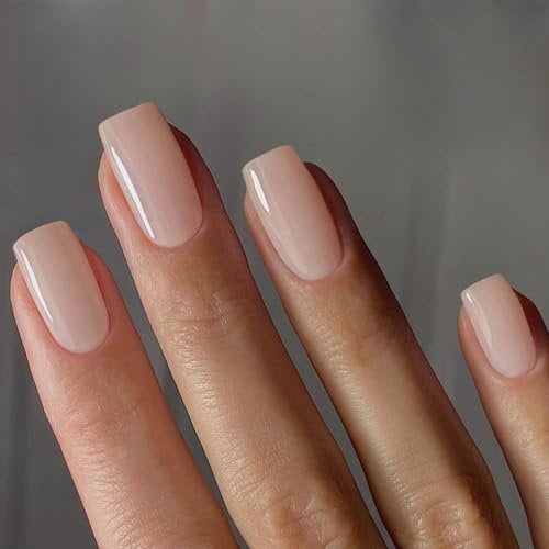 SXVME Nude False Nails Short Medium Square, Gel Press on Nails Coffin Medium Glossy Fake Nails Set Solid Color Acrylic Nail Natural Fit Reusable Stick on Nail for Women Daily Wear, in 30 Pcs