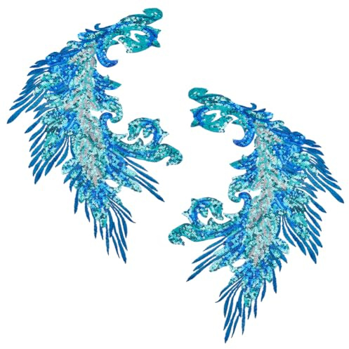 MAYJOYDIY 4 Stück Blaue Pailletten Stickerei Phönix Pfauenfederschwanz Applikation 41×26cm Feder Nähflicken Mit Pailletten Für Hochzeitskleid Abendkleid Hut Kissen Vorhang Tischdecke
