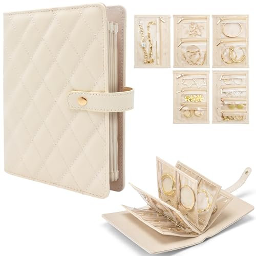 Cyiecw Schmuck Organizer Tasche, Tragbare PU Reise Schmucketui für Ringe, Ohrringe, Halsketten, Uhren, Armbänder, Schmuckaufbewahrung Ringbuch mit 5 Einseitiger Samt Reißverschlusstasche für Frauen