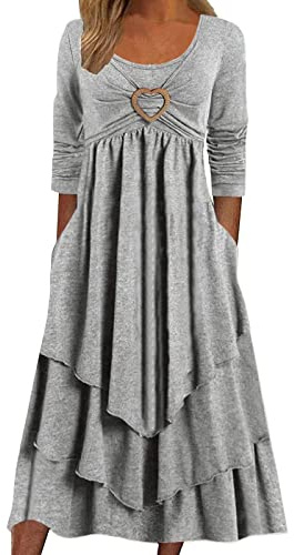 Robe Boheme Femme Manches Longues- Robe Longue Femme Col Rond Casual Couleur Unie Ample Coeur Swing Irrégulier Volants Plissée Fluide Chic Et Élégants Confortable Doux Élasticité Dress