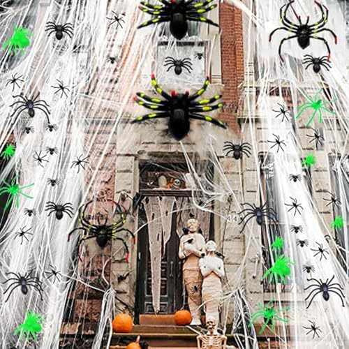 JPWPFAA Halloween Deko Spinnennetz, 300g Weiß Dehnbare Spinnennetze und 70 Künstliche Spinnen für Innen/Außen, Garten, Tür Fenster Spukhaus Hängende Gruselig Deko Schaurige Atmosphäre für Ihre Feier