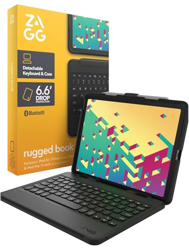 ZAGG Rugged Book Keyboard Case for iPad Air 11 Inch (M3 & M2) and iPad Air 10.9″ (4th/5th Gen) & iPad Pro 11″ (1st–4th Gen) – Backlit, Bluetooth Detachable Keyboard with Drop Protection, Black