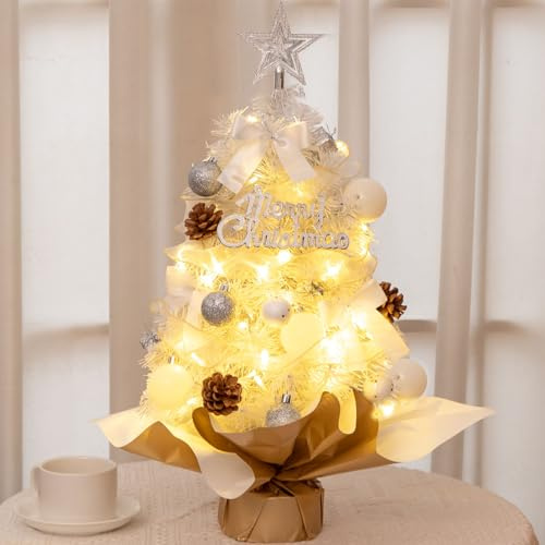 Table Top Mini Christmas Tree with Lights, 17.7 Inch Small Christmas Star Tree Ornaments, Battery Operated Artificial Tree for DIY Christmas Decoration Gifts (White)