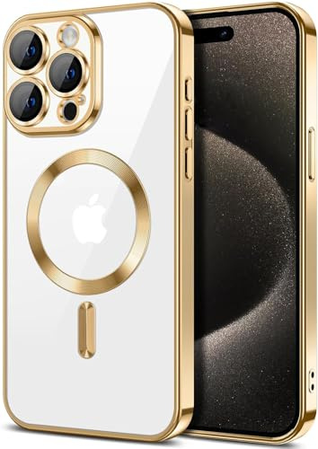 COVRELLA Gold Hülle für iPhone 15 Pro Max Transparent | Magnetisch, Vollständiger Kameraschutz mit Linsenschutzglas, Kompatibel mit MagSafe, Durchsichtig Weich, Schutzhülle