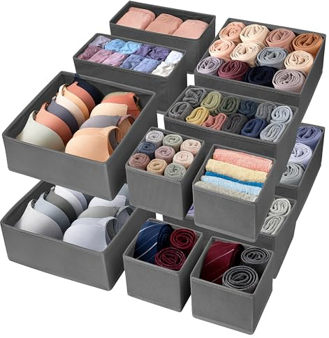 Vivantia 12 Pack Fabric Drawer Organisers for Clothes 3 Sizes Foldable Wardrobe Storage Organiser Bins Underwear Drawer Dividers Clothes Storage Boxes for Socks Ties Shirts Pants, Grey
