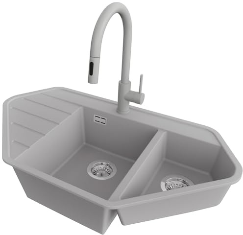 PRIMAGRAN Granitspüle ab 70er Unterschrank + Küchenarmatur, 90x50cm | Set: Küchenarmatur BW9010 + Ablauf-Set (Siphon, Ablaufgarnitur, Überlauf) + Spülbecken 1,5 Becken - Kopenhagen, Grau
