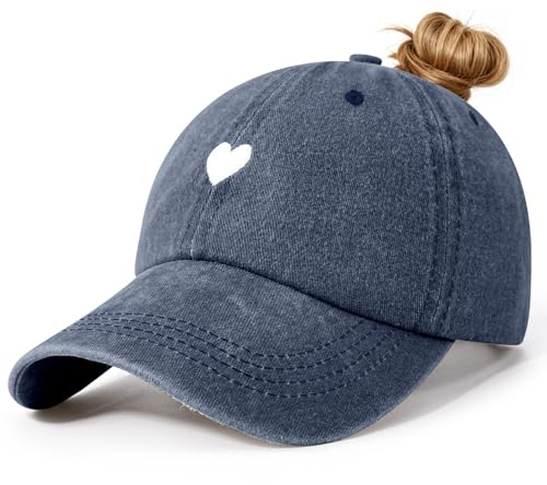 Voqeen Damen Cap mit Zopf Loch Sommer Kappe Verstellbare Basecap Baumwolle Vintage Baseball Cap mit Stickerei Atmungsaktiv Cappy Outdoor Schirmmütze