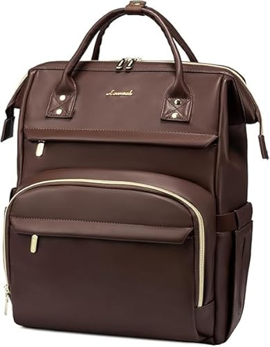 LOVEVOOK Rucksack Damen, Groß Wasserdicht 17 Zoll Laptoptasche Schulrucksack, PU Leder Schultasche Daypacks Rucksäcke mit USB Ladeanschluss, für Schule Arbeit Uni Business Reise, Braun