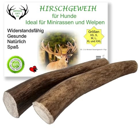 ARTISAN GIFT CO Hundesnack Rothirsch Geweih Kausnack -100% Natürlicher - Gesamtnettogewicht 70gr (XS - 2 stück)