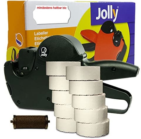 Preisauszeichner Set Jolly C8 inkl. 10 Rollen 26x12 Preisetiketten - weiss permanent + 1 Farbrolle | Aufdruck: mindestens haltbar bis | HUTNER