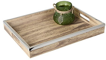 Formano Deko Tablett aus Holz mit Griffen und Edelstahlkante, 40x30 cm, naturfarben Silber