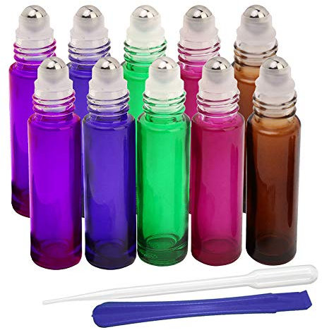 10Pcs, 10ml Glass Roller Bottles, Refillable Container Roll on Bottles for Essential Oils, Aromatherapy, Fragrance, with Bottle Opener and Dropper, Ideal for Home and Travel Use (5 Colors)