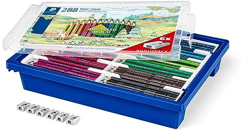 STAEDTLER Buntstift Noris colour, erhöhte Bruchfestigkeit, Dreikantform, ergonomische Soft-Oberfläche, WOPEX Material, Set mit 288 Stiften in 12 Farben und 6 Anspitzern, Klassensatz, 187 G288
