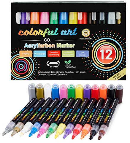 Künstler Acryl-Farbstifte Set - 12 Farben - zum Bemalen von Steinen, Kiesel, Glas, Keramik, Porzellan - extra 2 metallic Acryl Stifte, Rund- und Meißelspitze (3-5 mm) - wasserfest - geruchlos
