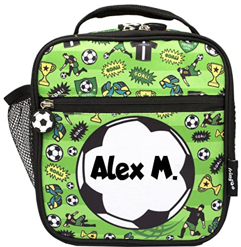 Fringoo Personalised Kids Lunch Bag Thermal Insulated 2 Compartment Cooler Bag with Side Mesh Pocket Nursery School Travel Lunchie (Football)