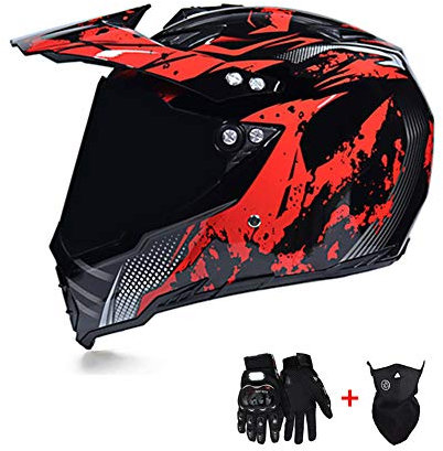 Motocross-Helm Herren Crosshelm Full-face Schutz mit Sonnenblende Visier Maske Handschuhe, Motorradhelm Motorrad Off-Road ATV MTB Quad Motorräder Racing DH Enduro Integralhelm, Schwarz Rot,M