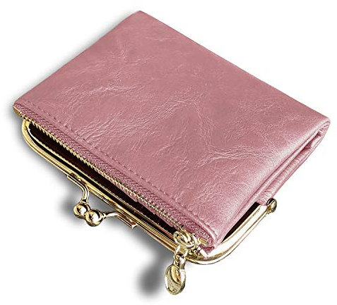 AOXONEL Geldbörse für Damen, klein, RFID, kompakt, doppelt gefaltet, Leder, Vintage-Stil, Münzgeldbörse mit Reißverschluss und Kussschloss (Rosa)