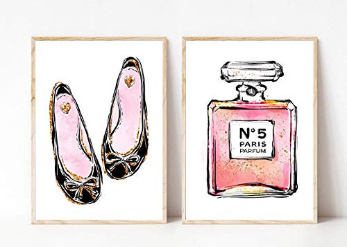 Din A4 Kunstdruck 2er-Set - ungerahmt - Schuhe Ballerinas Paris Mode Fashion Parfum Flakons Luxus Beauty Druck Poster Bild