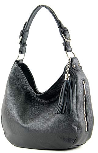 modamoda de T200 Damen Leder Schultertasche Henkeltasche handmade in Italy, Farbe:Schwarz