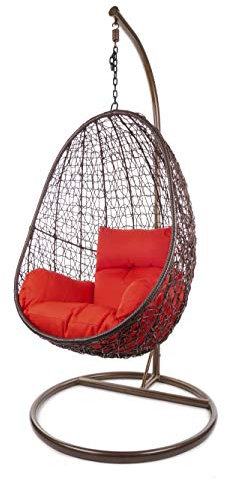 Kideo Komplettset: Hängesessel mit Gestell & Kissen, Lounge-Möbel, Poly-Rattan (Gestell- und Korbfarbe: braun, Kissen: rot Nest (3050 Scarlet))