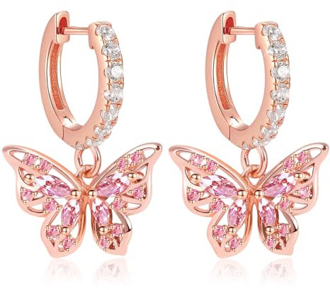 Gnoce Schmetterling Hängend Ohrring Sterling Silber Rose Gold Creolen Ohrringe mit Zirkonia Mode Tropfen Ohrringe Schmuck für Frauen Mädchen