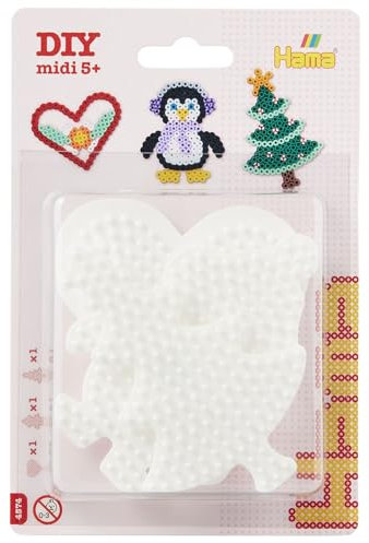 Hama Perlen 4574 Stiftplatten 3er Set für Midi Bügelperlen mit Durchmesser 5 mm, Motive Herz, Pinguin und Weihnachtsbaum in weiß, kreativer Bastelspaß für Groß und Klein