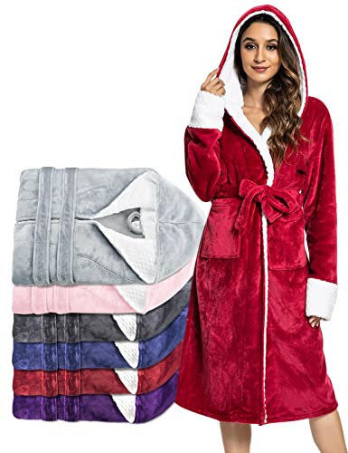 UMIPUBO Robe de Chambre Femme, Peignoir de Bain Polaire Capuche Sortie de Bain Femme avec 2 Poches, Réglable Ceinture - Absorbant et Confort Luxe Ultra Douce (Rouge)