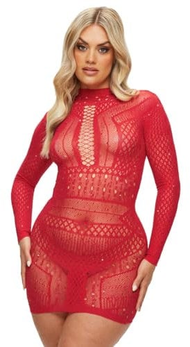 Ann Summers Jewelled Janelle Mesh Bodycon Dress, Red, X Small, Long Sleeve, Mini Dress