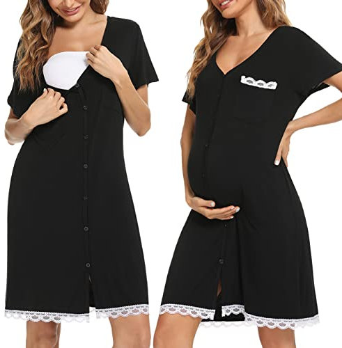 Uniexcosm Chemise Nuit Allaitement Maternité Coton Robe de Nuit Femme Enceinte Col en V Manches Courtes Devant Ouvert Chemise de Nuit Femme Grossesse A-Noir L