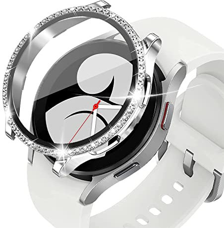 KeeFos Coque pour Samsung Galaxy Watch 4 44mm, Bling PC Coque Couverture Complète Bling Frame Verre Trempé Protecteur d'écran pour Samsung Galaxy Watch 4 44mm (Argent)