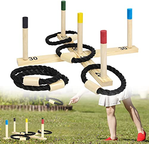 LZQ Ringwurfspiel Wurfspiel Kinder Outdoor - Holz Ringe Werfen Spiel mit 5 Pcs Seilringe und 5 Bunt Spielstäben - für Kinder und Erwachsene Familienfeiern Partys