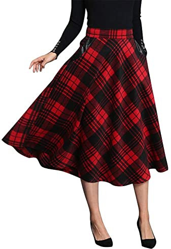 Ylingjun Langer karierter Wollrock für Damen, Winter, Herbst, hohe elastische Taille, A-Linie, ausgestellt, plissierte Wollröcke, Rot/Halbschaft, Klein