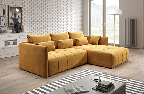 Furnix Ecksofa Yalta mit Schlaffunktion und Bettkasten - Couch L-Form Sofa mit Kissen - Stellfüße in Chromoptik - B245 x H83 x T182 cm, Liegefläche: 147 x 232 cm - KR01 (Orange)