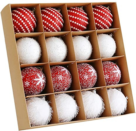 Christmas Tree Ball Ornament Set 16pcs 80mm/3.15inch Red White Glittering Shatterproof Foam Christmas Ball Ornaments Xmas Tree Decor Holiday Decoration