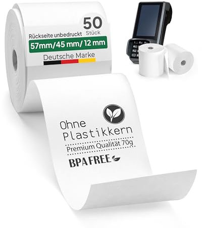 coreless - 50 Thermorollen ohne Plastikkern - Rolle aus Thermopapier - Verschiedene Maße (50 Stück - 57mm x 45mm x 12 mm)