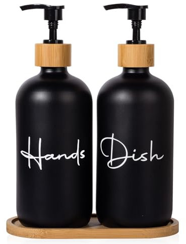 17 oz Hand Soap Dispenser Empty Glass Lotion Pump Bottles, Refillable Liquid Dish Soap Bottles for Bathroom, Kitchen Sink, Black, 2 Pack