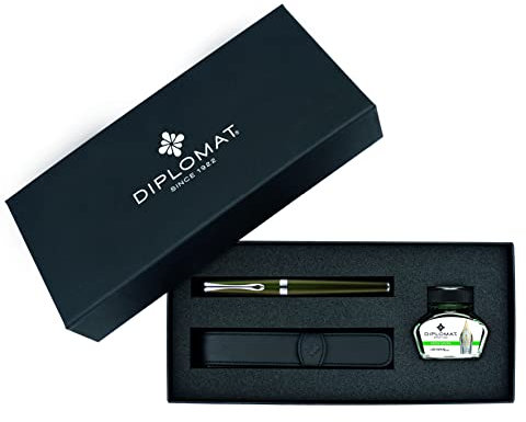 DIPLOMAT - Geschenkset Füllfederhalter Excellence A² Evergreen - Grün - 1 Füllhalter + 1 Tintenfass + 1 Lederetui - 5 Jahre Garantie