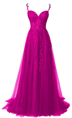 QSICO Vestidos de noche de tul para mujer, elegantes apliques de encaje, vestidos de fiesta largos, vestido de graduación formal, fucsia, 46
