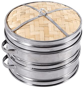 SYFUNLV Küche Bambus Dampfer,2 Etagen Bambus Dampfgarer mit Deckel 20 * 13cm Bambus Dampfkorb Dämpfaufsatz mit Edelstahlstreifenbildung für Reis, Dim Sum, Gemüse,Dumplings, Fleisch