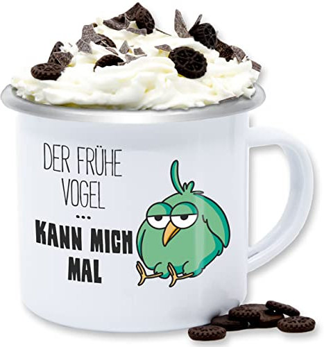 Emaille Tasse Blechtasse - Statement Sprüche - Der frühe Vogel kann mich mal - 300 ml - Weiß Silber - kaffeetasse mit spruch von früher sarkasmus vögel tassen spruechen tiere becher sprüche,