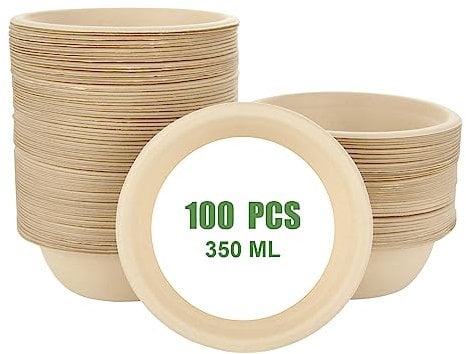 VIDETOL 100 Pack Disposable Paper Bowls, 12oz/350ml Disposable Bowls, Sugercane Biodegradable and Compostable Paper Bowls for BBQ, Party, Picnics and Hot Food