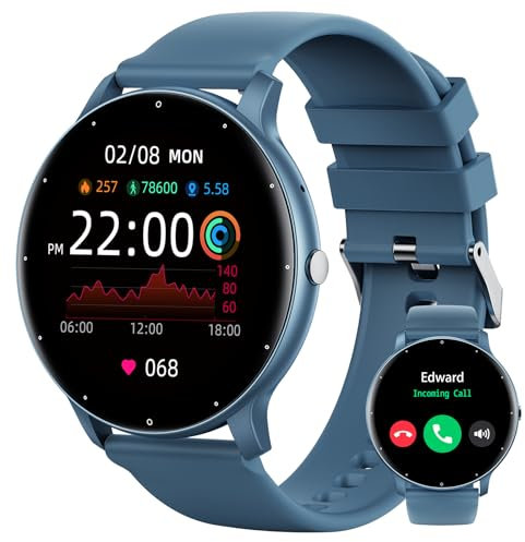 TIFOZEN Montre Connectée Homme Femme avec Appels Bluetooth Avis de Messages Assistant Vocal Lecteur de Musique, 1,39'' Smartwatch avec Cardiofrequencemetre/SpO2/Sommeil pour Android iOS (Bleu)